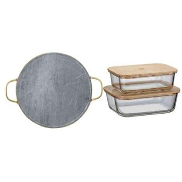 Imagem de Kit Pedra para Pizza de Pedra Sabão com Alças de Cobre + Potes Herméti