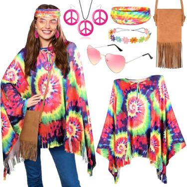 Imagem de MOVINPE Conjunto de acessórios de fantasia hippie dos anos 70 para mulheres, bolsa tie dye, poncho, franja, coroas, faixas de cabelo, óculos de sol, colar de sinal de paz, brincos, fantasia de