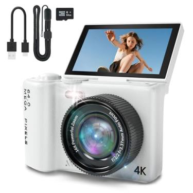 Imagem de Câmera digital, câmera fotográfica 4K com zoom de 16x, pixel de 64 MP, luz de preenchimento, função de beleza e cartão de memória de 64 GB, câmera digital compacta adequada para iniciantes (branca)