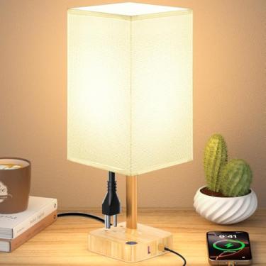 Imagem de cozoo Candeeiro de mesa de cabeceira USB com 2 portas de carregamento USB e 2 tomadas CA, luminária de mesa de cabeceira regulável com base de carregador, sombra de tecido branco, lâmpada de LED para