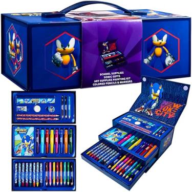 Imagem de SONIC THE HEDGEHOG Conjunto de arte para crianças com marcadores de giz de cera, lápis de colorir, materiais de arte