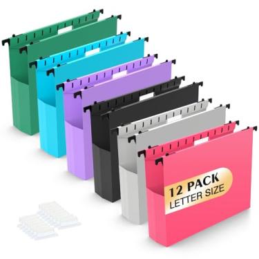 Imagem de SHUTEX Pastas de arquivo suspensas de plástico, pacote com 12 pastas expansíveis reforçadas, tamanho carta, bolso sanfonado, expansão resistente de 5 cm, organizador de pastas suspensas para