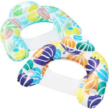 Imagem de ANNIL 【Pacote com 2】 Cadeira inflável de piscina para adultos, cadeira flutuante inflável para lazer aquático, suporte de bebida, encosto de cabeça ergonômico, boias de piscina para adultos, festa na