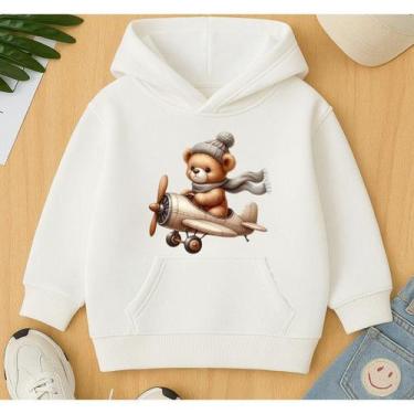 Imagem de Moletom Canguru Infantil Estampa Urso Avião Fofo Pelúcia Piloto Flanel