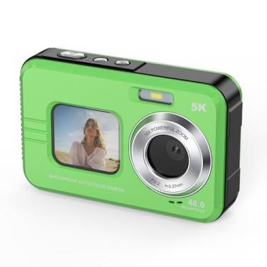 Imagem de Câmera digital à prova d'água 5K Ultra HD, 48MP, telas duplas (2,8 polegadas traseira e 4.3 cm frontal), zoom 16X, foco automático, câmera subaquática IP68, compacta para viagens e vlogging (verde)