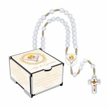 Imagem de Conjunto Terço Infantil com Caixinha e Oração do Anjo da Guarda ✝️ Lembrancinha para Batizado, Crisma, Primeira Comunhão, Festa Religiosa – Feito no Brasil (Branco)