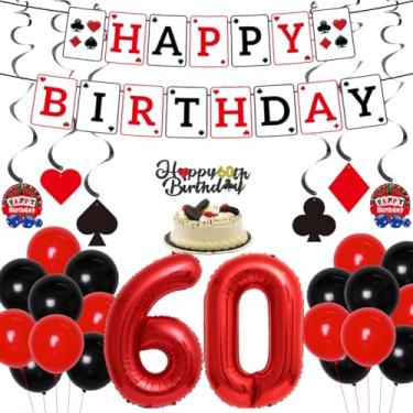 Imagem de JOYMEMO Decorações Para Festa De 60 Anos Cassino, Balão Número 60, Faixa Alegre E Topo Bolo, Redemoinhos Pendurados A Noite Dos Adultos, Materiais Com Tema Pôquer