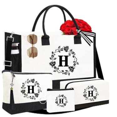 Imagem de Adoryoung Sacolas personalizadas para mulheres, 4 bolsas monograma, bordado frente e verso, inicial para presentes de aniversário, Bolsa com inicial