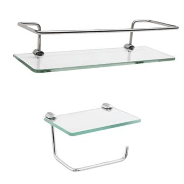 Imagem de Kit Porta Shampoo Reto Veneza Prateleira Vidro 30cm + Papeleira com Porta Objetos Porta Celular