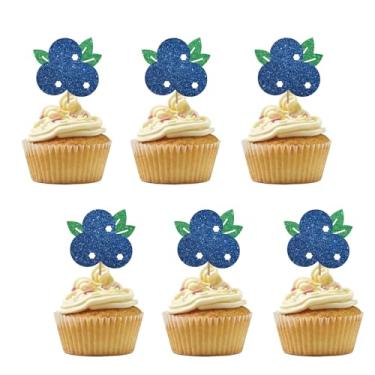 Imagem de Conjunto de 24 topos de cupcake de mirtilo para chá de bebê doce de frutas silvestres, enfeites de cupcake de aniversário de mirtilo com glitter azul, decorações de bolo Sweet One para suprimentos de