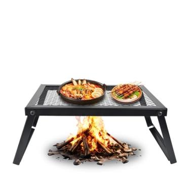 Imagem de Grelha dobrável portátil extragrossa - churrasqueira de ferro de acampamento à prova de ferrugem com grade resistente ao calor, escorredor de pratos duplo e mesa de acampamento (40 x 29 cm)