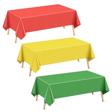 Imagem de 3 toalhas de mesa retangulares vermelhas, verdes e douradas, 137 x 183 cm, de cor sólida, à prova d'água e à prova de derramamento, toalha de mesa de plástico descartável durável para jantar, buffet