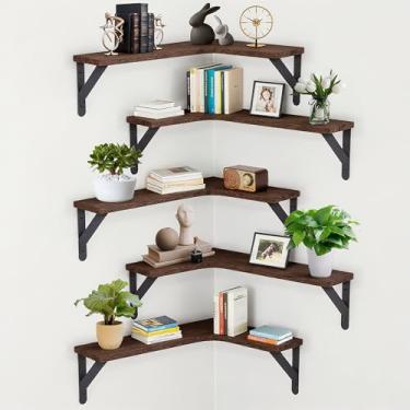 Imagem de COCPOK Conjunto de 5 prateleiras flutuantes de canto, prateleiras de madeira montadas na parede para decoração de casa, prateleira de canto de madeira rústica para cozinha, quarto, banheiro, sala de