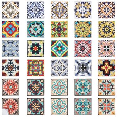 Imagem de PH Pandahall 60 peças de adesivos de azulejo de 25 estilos, adesivos coloridos de azulejo Talavera de 10 x 10 cm, adesivos de decoração de PVC boêmio para cozinha, banheiro, backsplash, parede, móveis