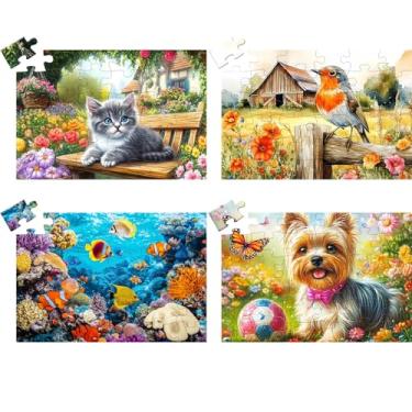 Imagem de Pacote com 4 36 quebra-cabeças grandes para idosos, demência, produtos de Alzheimer, atividades para idosos, cães, gatos, pássaros, peixes, jogos de memória, presente para idosos e adultos, com 4