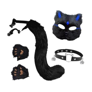 Imagem de YIJU Conjunto de máscara e cauda de gato e, acessórios para fotos para apresentação em festa de máscaras, Preto Azul
