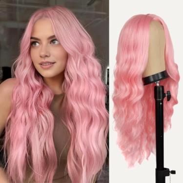 Imagem de Perucas cor-de-rosa para mulheres, peruca de renda de 66 cm, cabelo sintético resistente ao calor, aparência natural, peruca de fibra para uso diário em festas