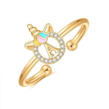 Imagem de CIVOKINA Anéis de unicórnio para meninas, banhado a ouro 14K, banhado a ouro rosa/prata esterlina para crianças, lindos anéis de letras ajustáveis para meninas adolescentes, hipoalergênicos, não