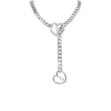 Imagem de Colar de corrente deslizante para mulheres, colar punk coração gato Shar corrente deslizante colar gargantilha joia coração anel deslizante colar de corrente ajustável Lariat Y colar, Adjustable, Aço
