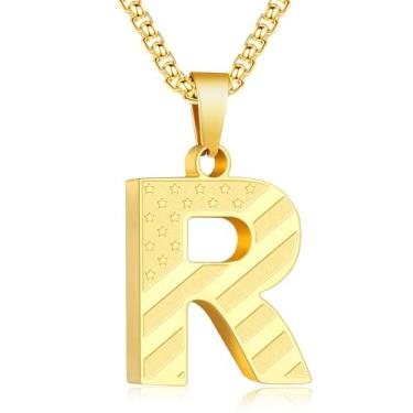 Imagem de Zocomi Colar com pingente de inicial da bandeira americana para homens e meninos, corrente de aço inoxidável 316L A-Z caixa de letras 50 + 5 cm joias presentes, Aço inoxidável, Sem Pedra Preciosa