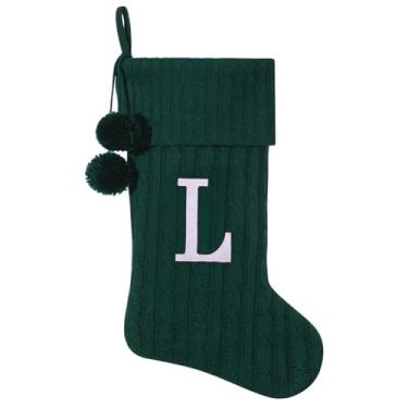 Imagem de Pxniy Meia de Natal personalizada de 48 cm - malha verde com monograma bordado e pompons, cabide de lareira familiar para decoração de férias, letra verde L