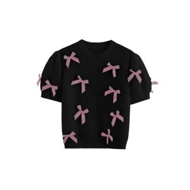 Imagem de Suéter feminino Vimida tricotado com decote em O, manga curta, preto