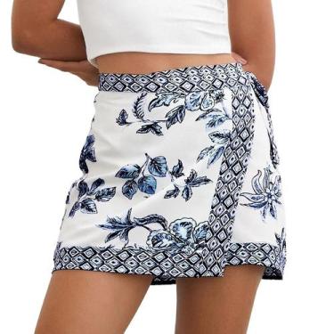 Imagem de Saia Talakeno Floral Wrap Mini Summer Beach feminina azul marinho