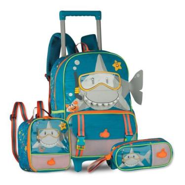 Imagem de Mochila Rodinhas Tubarão com Lancheira e Estojo Kit Escolar - Clio