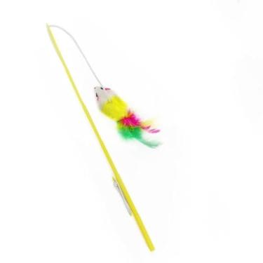 Imagem de Varinha para Gatos Interativa - Brinquedo com Rato, Penas e Sino | Estímulo Triplo para Seu Felino(Amarelo,1 Pc)