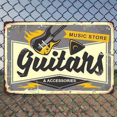 Imagem de Arte de parede de alumínio rústico para guitarras vintage e placa de metal - 20 x 30 cm, decoração vintage para ambientes internos e externos, para casa, escritório, café, quintal e fazenda