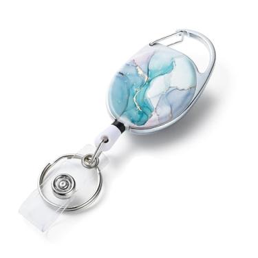 Imagem de 1 pacote de carretéis de crachá retráteis de dois lados com porta-chaves retráteis e clipe, corda de nylon durável, mármore verde