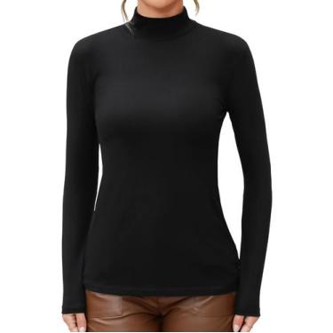 Imagem de Camiseta feminina MANGDIUP, simulada, gola alta, manga comprida, preta