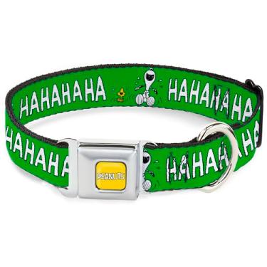 Imagem de Coleira para animais de estimação Peanuts Worldwide LLC, coleira de cachorro, fivela de cinto de segurança de metal, Peanuts Snoopy e Woodstock Laughing HaHa Pose Verde, 28 a 40 cm de largura