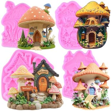 Imagem de MIYAHOUSE Mushroom House Fondant Moldes de silicone para decoração de bolos, topo de cupcake, pasta de goma de chocolate, argila de polímero, conjunto de 4