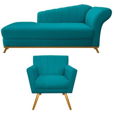 Imagem de Kit Diva Recamier Vanessa 160cm Lado Esquerdo E 01 Poltrona Laura Suede Cor Azul Turquesa