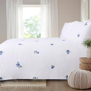 Imagem de YINFUNG Conjunto de capa de edredom floral azul bordado branco queen algodão flor meninas campestre francês chique cottagecore estética vintage rosa coquete