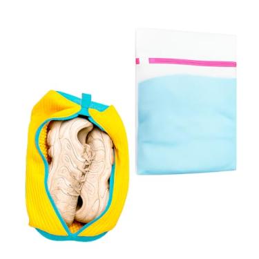 Imagem de Kit com Saco para Lavar Tênis e Saco de Lavar Roupas Íntimas 60x60 cm para Máquina de Lavar, Malha de Poliéster Reforçada, Fechamento com Zíper e Protetor, Reutilizável, Multifuncional (Amarelo)