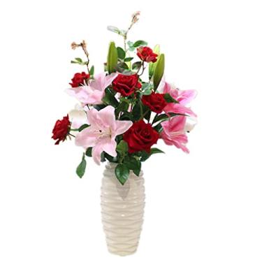 Imagem de LMJYU Conjunto de flores artificiais com vaso de orquídea lindo e realista com vaso de flores de cerâmica, simulação de plantas falsas, arranjo em vaso