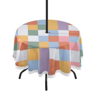 Imagem de CEBUGI Toalha de mesa redonda para uso ao ar livre, arco-íris, impermeável, com furo Umberlla, capa de mesa lavável para pátio, cozinha, sala de jantar, 152 cm
