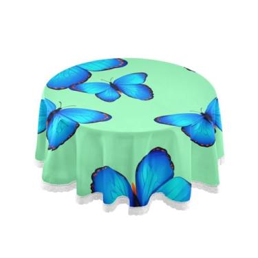 Imagem de Qilmy Toalha de mesa redonda borboleta azul 152 cm, resistente à água, à prova de derramamento, capa de mesa grande para jantar de reunião de família em ambientes internos e externos, festa de