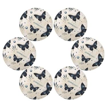Imagem de Wassud Jogo americano conjunto de 6 tapetes redondos de borboletas pretas para cozinha e jantar tapetes laváveis decoração de mesa 39 cm