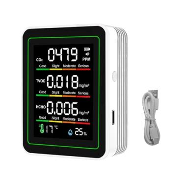 Imagem de Fafeicy Detector de Qualidade do Ar 5 Em 1, Monitor de Umidade e Temperatura CO2 TVOC HCHO Com Tela LCD Colorida, para Testes de Qualidade do Ar Interno