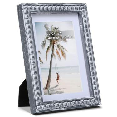 Imagem de Gdfmsc Porta-retrato rústico 12 x 17 cm com tapete para 10 x 15 cm, vidro real de madeira envelhecida decorativa, exibição vertical ou horizontal, moldura de parede e mesa, branco lavado e cinza