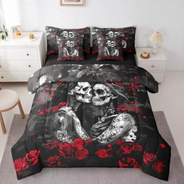 Imagem de Erosebridal Conjunto de cama king casal de caveira açucarada gótico romântico rosa vermelha com lençóis, amantes de esqueleto branco gótico, flor, amor, coração, cinza, preto, cama em uma bolsa para