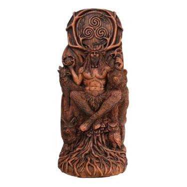 Imagem de Ebros Deus celta sentado Herne Cernunnos com chifres de veado e urso cobra triskele lobo coruja árvore da vida escultura 23 cm de altura com acento paganismo Wicca decoração de casa