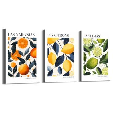 Imagem de Pôster colorido de limão cítrico e laranja impressão mercado de frutas vintage arte de parede decoração de cozinha pintura em tela para sala de jantar e quarto (SKU8-3PCS, 28x35.6 cm), emoldurado