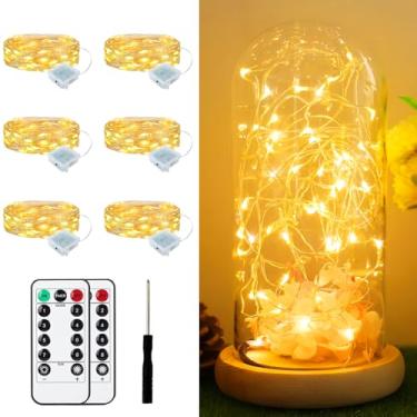 Imagem de Pacote com 6 luzes de fadas operadas por bateria com controle remoto de 2 metros, 20 LEDs, mini cordão de luzes cintilantes, à prova d'água, 8 modos de luzes de lua estrelada de vaga-lume para potes