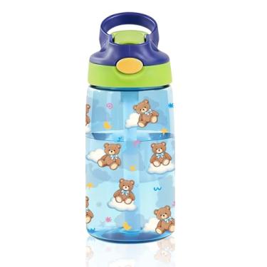 Imagem de CGMIBAS Garrafa de água infantil Bear de 400 ml com canudo - Ursos nuvens garrafa de água para escola, à prova de vazamento, leve, garrafas de plástico duráveis para viagens infantis, capa de canudo