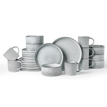 Imagem de Famiware Conjunto de louça Star com canecas, serviço para 6 (24 peças), conjuntos de pratos e tigelas de grés canelados, resistente a lascas e arranhões, seguro para micro-ondas e lava-louças, azul