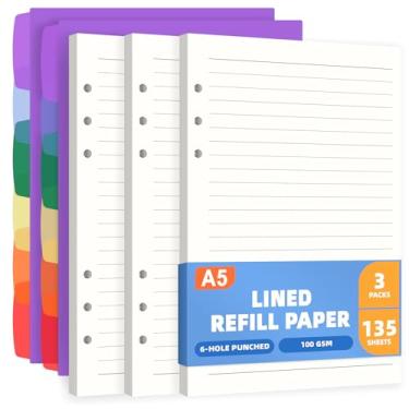 Imagem de Antner Refil de papel pautado A5 com 6 furos para fichário A5 com 6 argolas, 135 folhas pautadas largas de papel pautado, refis de folhas soltas com 12 divisórias para fichário recarregável, bullet